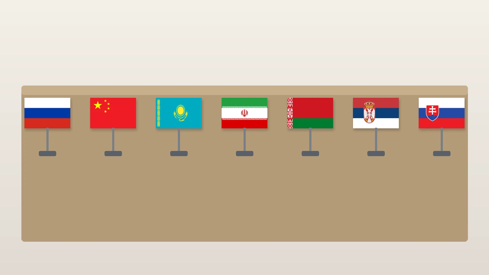 Настольные флаги России, Китая, Казахстана, Ирана, Беларуси, Сербии и Словакии